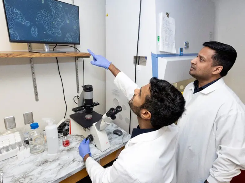 Two lab workers in white coats examine a microscope image displayed on a monitor.